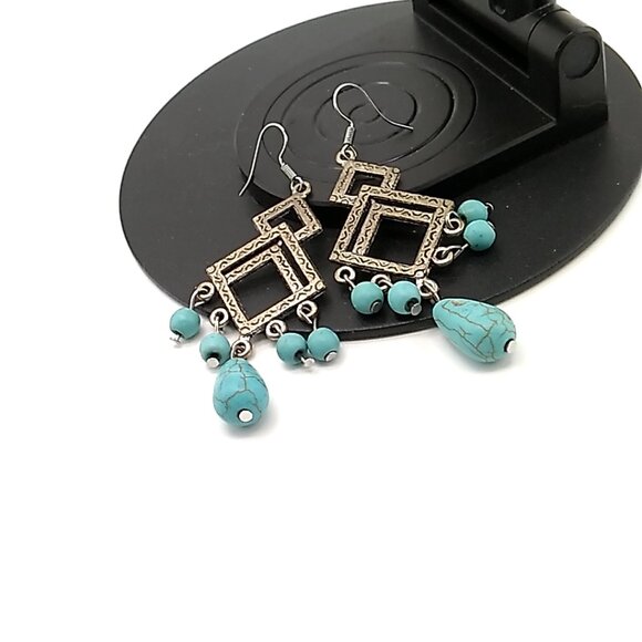 Turquoise Antique Silver Dangle Earrings 2.25" Drop - Picture 13 of 14